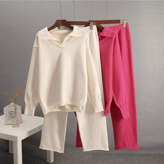 European And American-style Solid-color Lapel Sweater Set For Women, FallWinter 