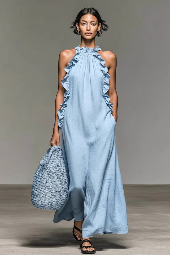 Resort-style Ruffled Halterneck Sleeveless Dress Loose-fitting And Figure-flattering Maxi Skirt 