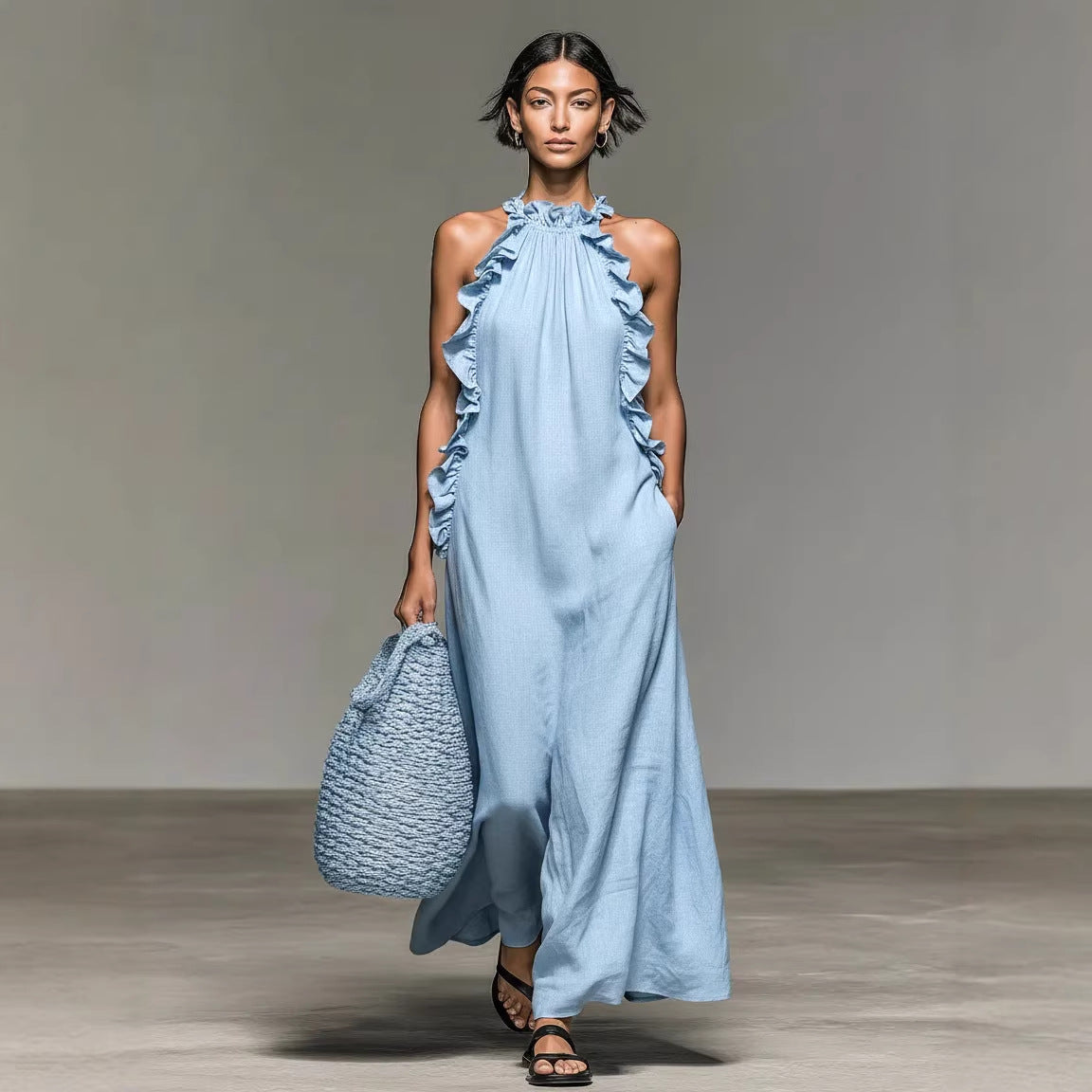 Resort-style Ruffled Halterneck Sleeveless Dress Loose-fitting And Figure-flattering Maxi Skirt 