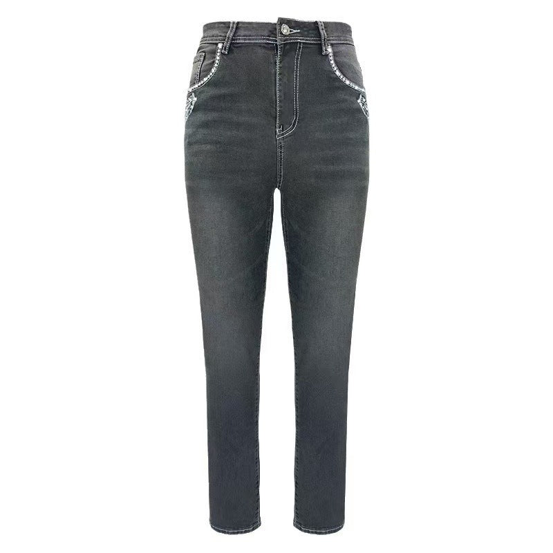 Elastic Smoke Gray Denim Women's Embroidered Rhinestone Skinny Straight-Leg Pants, Embroidered with Rhinestones 