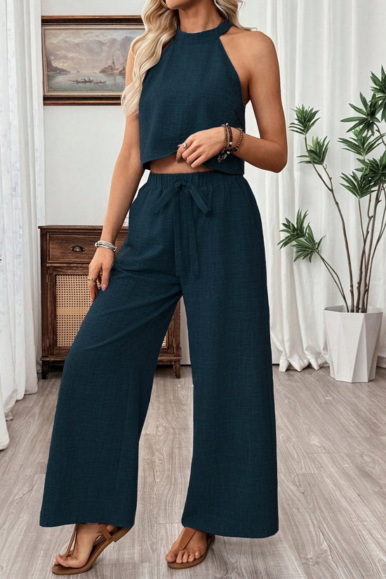 Neck-hanging Sleeveless Cropped Top And Wide-leg Pants Set 