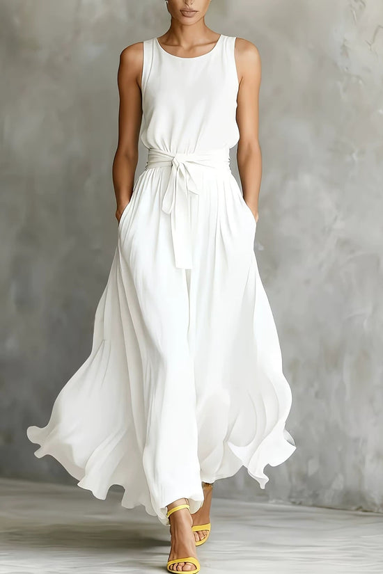 Womens Waist-Cinching Lace-Up Sleeveless Dress 