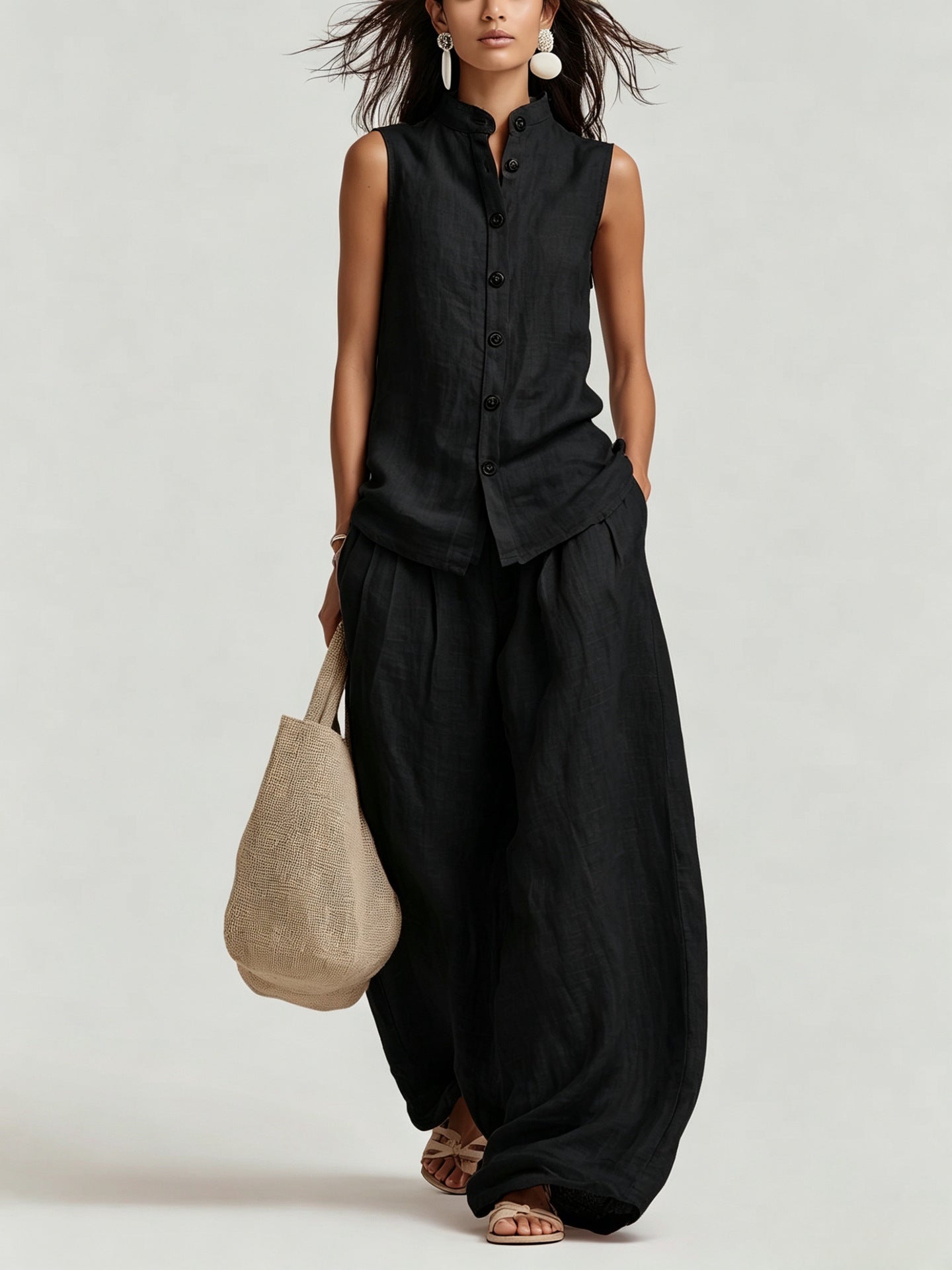 Womens Casual Cotton-Linen Sleeveless Crew-Neck Vest Top And Pants Two-Piece Set 