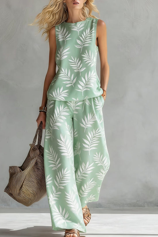 Women's Casual Sleeveless Printed Wide-Leg Pants Two-Piece Set 