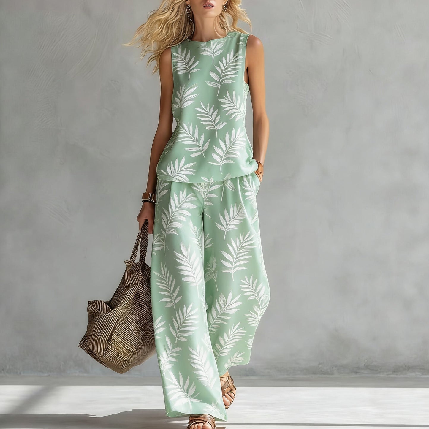 Women's Casual Sleeveless Printed Wide-Leg Pants Two-Piece Set 
