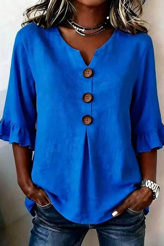 Fashionable Cotton Linen V-Neck Button-Up Blouse for Women Summer Casual Top 