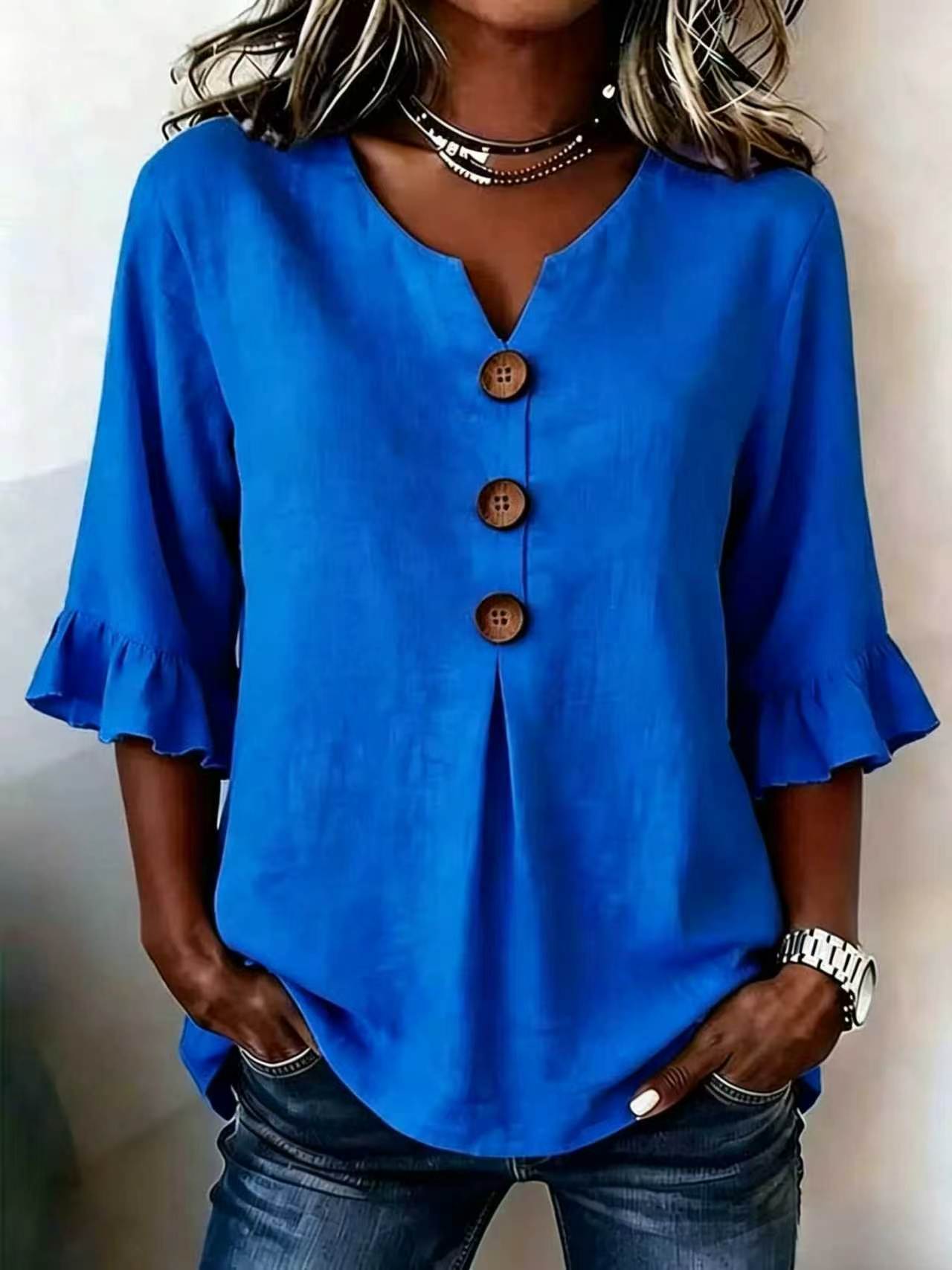 Fashionable Cotton Linen V-Neck Button-Up Blouse for Women Summer Casual Top 