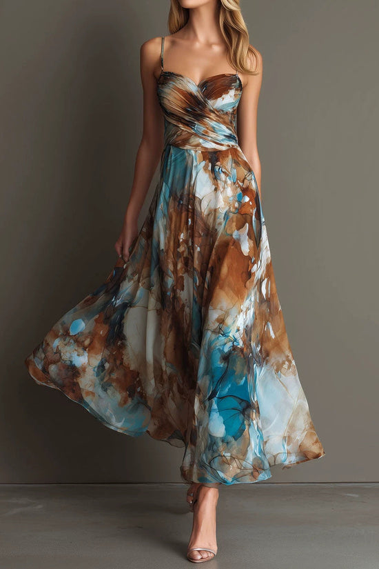 Fashionable Elegant Printed Dress with Sexy Straps, Waist-Cinching Flowy Beach Long Dress 