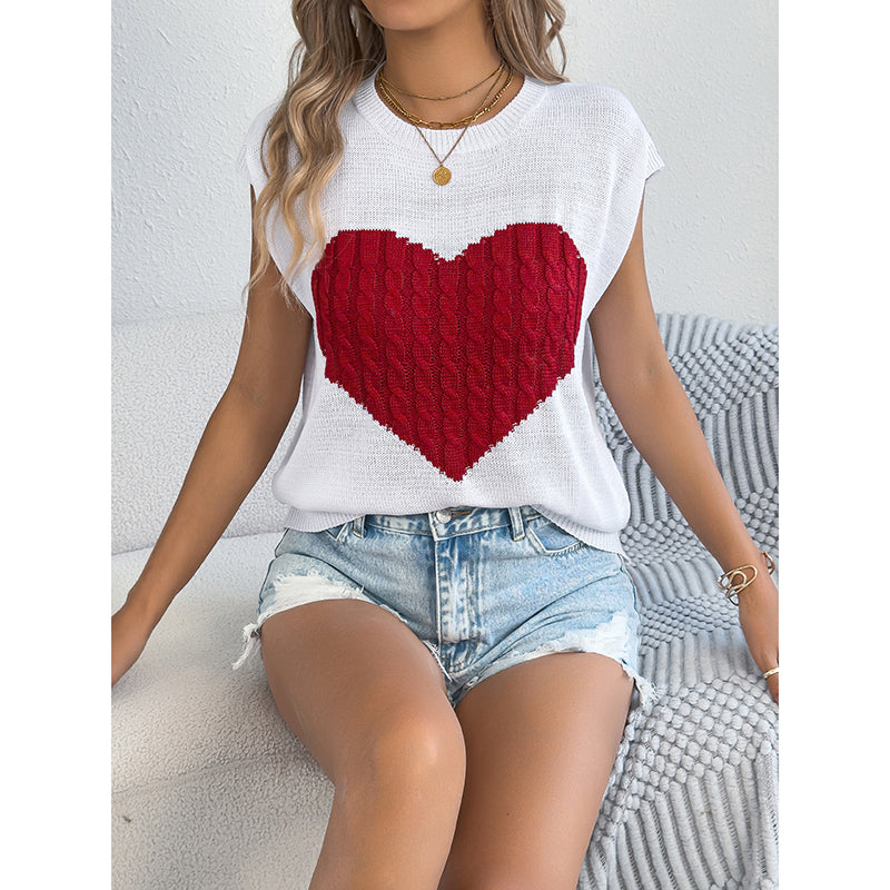 Women's Heart Color Block Knit Top - Casual Sleeveless Valentine Shirt 