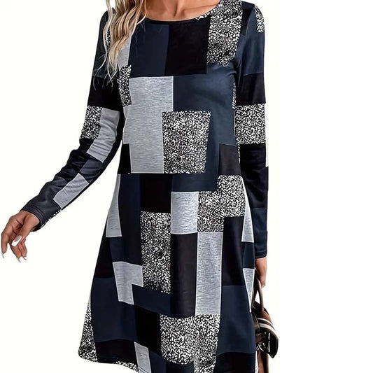 Women's Round Neck Long Sleeve Dress - Digital Print Casual Elegant Spring & Fall Dress CJ US