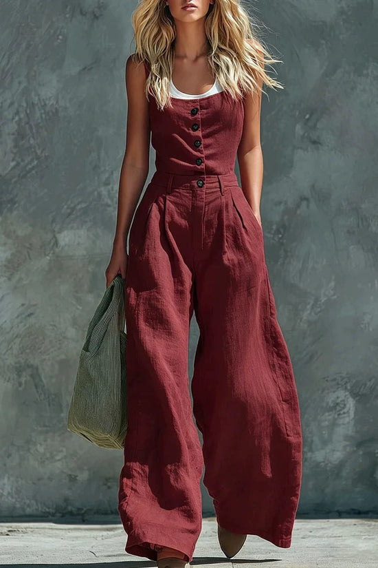 Womens Retro High-Waisted Wide-Leg Jumpsuit 