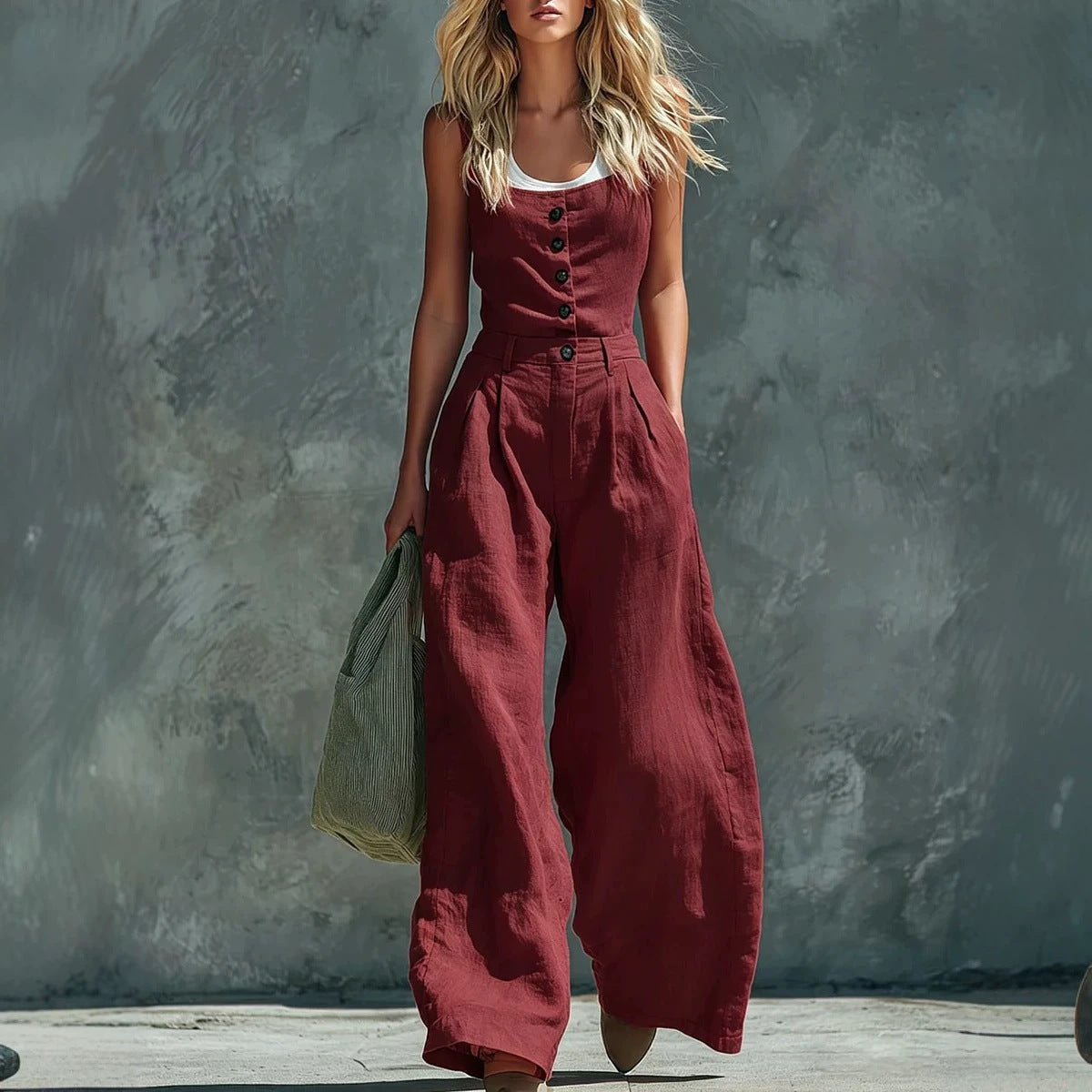 Womens Retro High-Waisted Wide-Leg Jumpsuit 