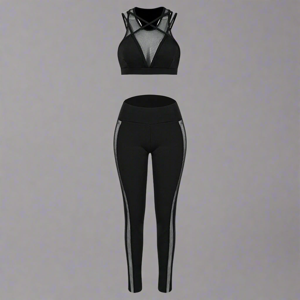 Sexy Mesh Suit Cross Shoulder Strap Hollow Female Yoga Suit FitiqueFit