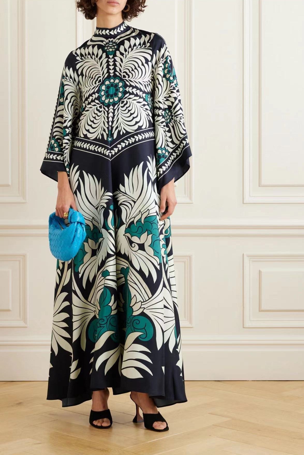 New European and American Summer Printed Seven Sleeve Stand up Collar Dress 