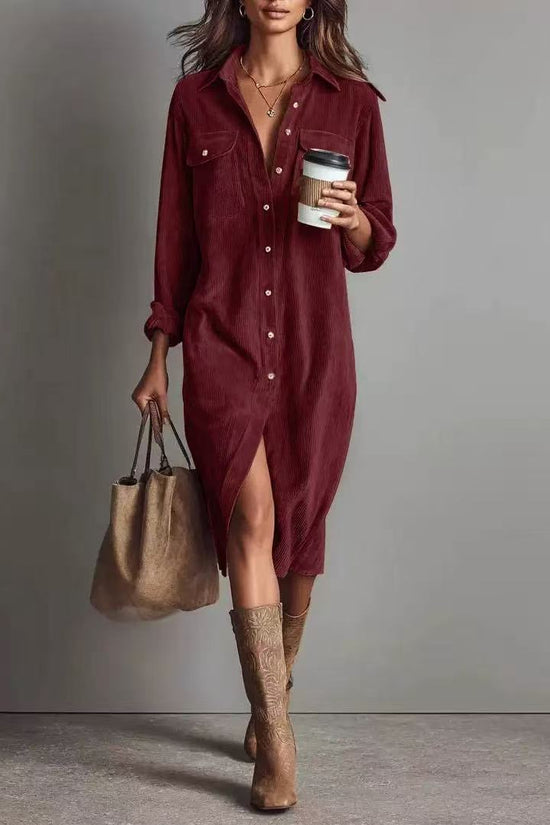 Classic Solid Color Corduroy Long Sleeve Turn-down Collar Shirt Loose Long Dress 