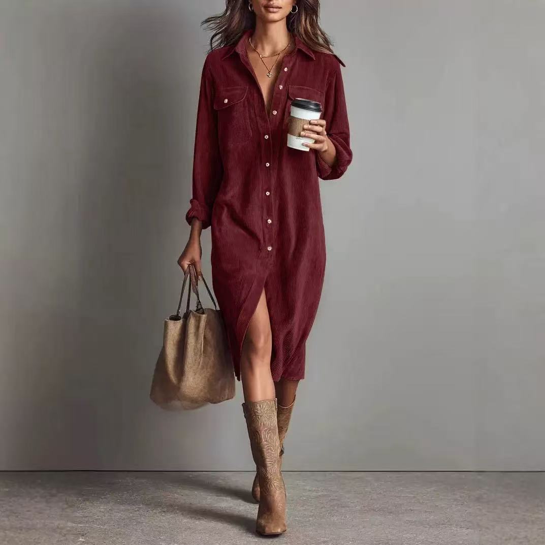 Classic Solid Color Corduroy Long Sleeve Turn-down Collar Shirt Loose Long Dress 