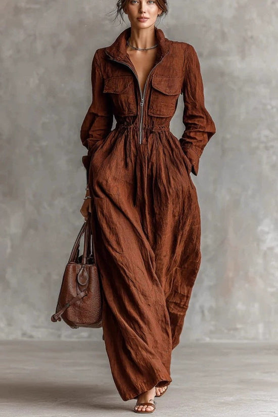 Women's Zipper Collar Elastic Waist Long Dress 