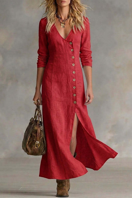 Fashionable Casual Cotton-Linen Long-Sleeve Womens Dress 