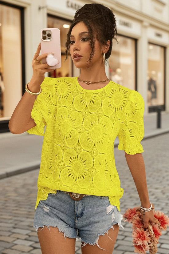 Casual Hollow-Out Lace Puff-Sleeve Shirt Top 