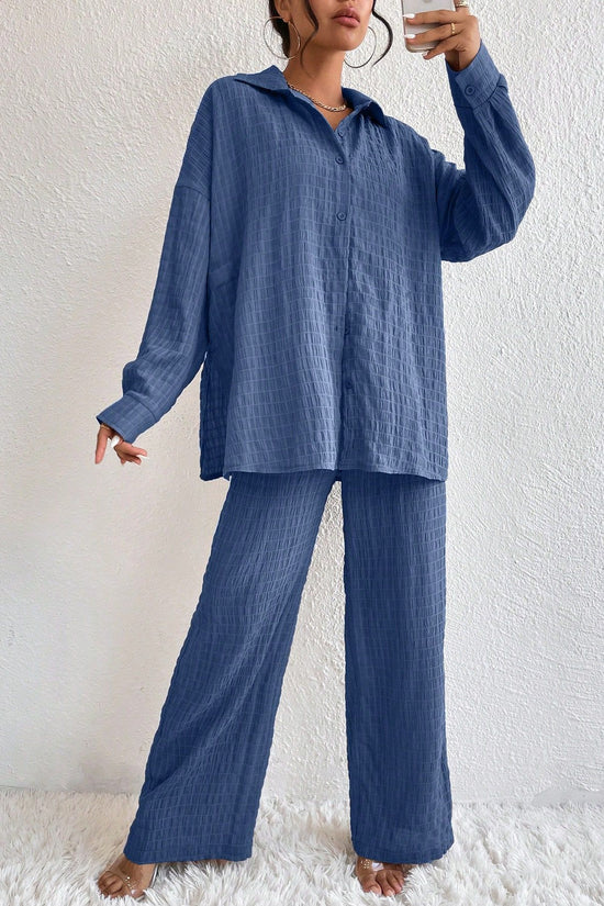 Summer New European And American Style Pleated Long-Sleeve Lapel Loose Two-Piece Set 