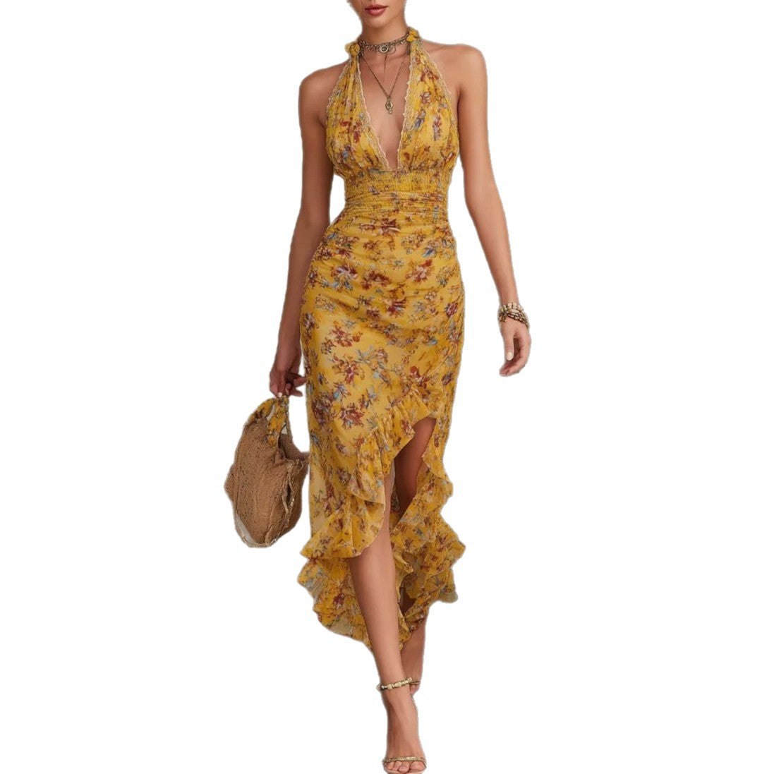 French Vintage Yellow Floral Halter Neck Dress Deep V Waist-Cinching Split Ruffle Slimming Elegant Dress 