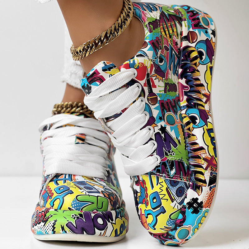 Women's Casual Round Toe Thick Sole Lace-Up Sneakers, Random Print Design, Comfortable Sporty Shoes For Daily Wear CJ US