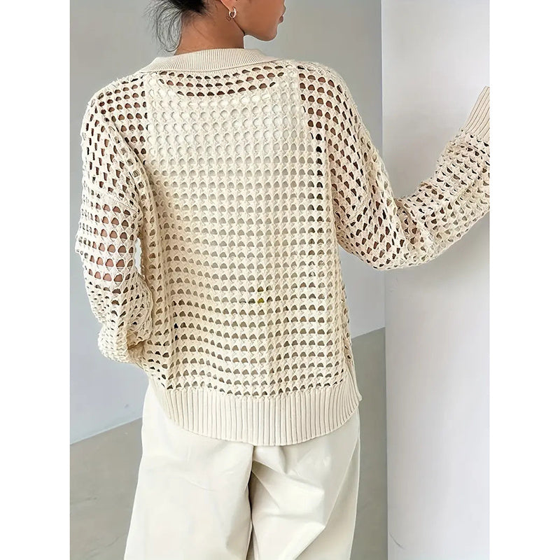 Women's Plus Size Cardigan Lightweight Hollow Out V-Neck Button Down Long Sleeve Knit Coat, 0XL-4XL CJ US