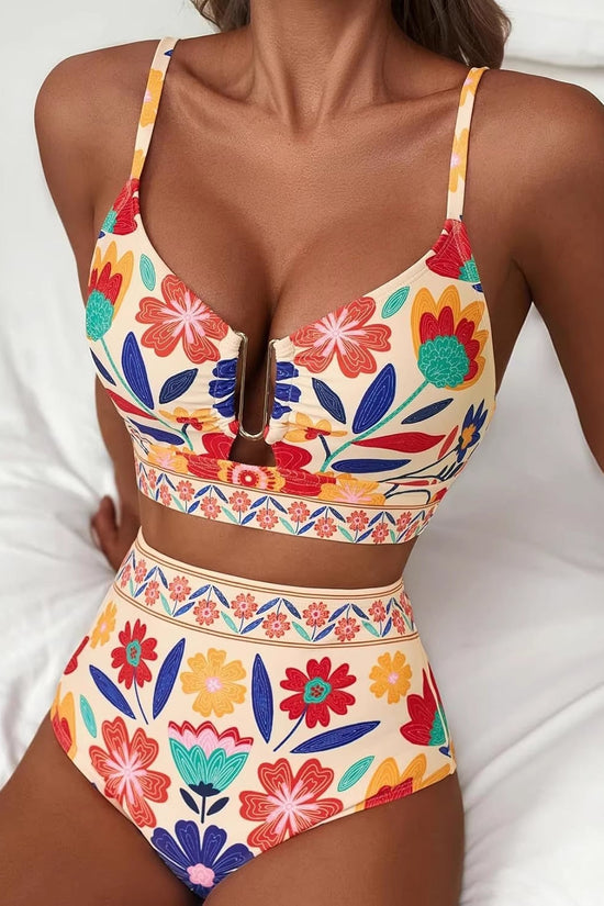 Floral Print High-Waisted U-Line Bikini Set Swimwear for Women 
