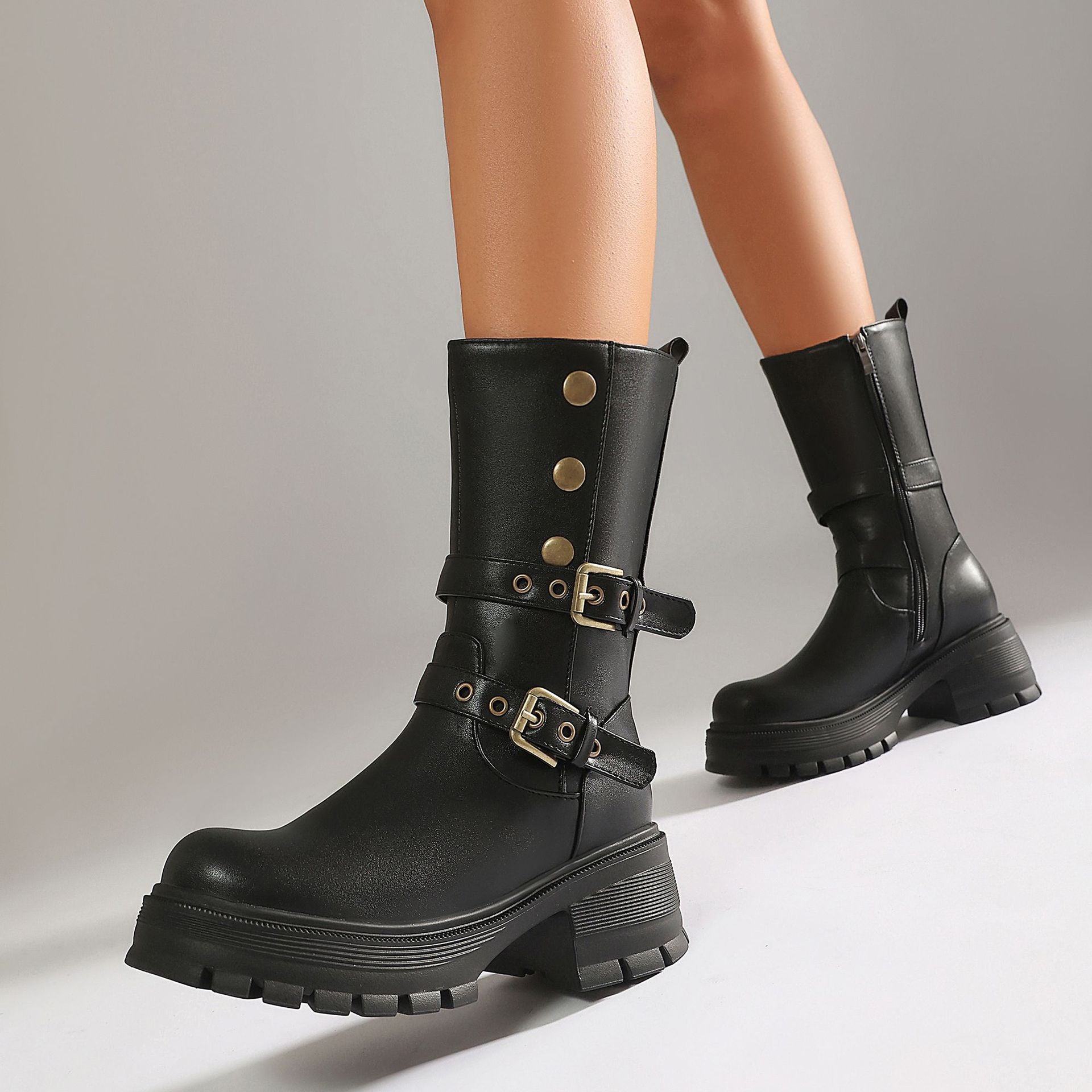 Supply Thick Sole High Heel Women's Boots  Punk Style Belt Buckle Ankle Boots 