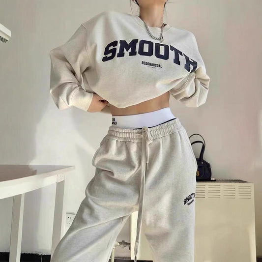 Gray Hoodie And Pants Fashion Running Two-piece Set Trendy 