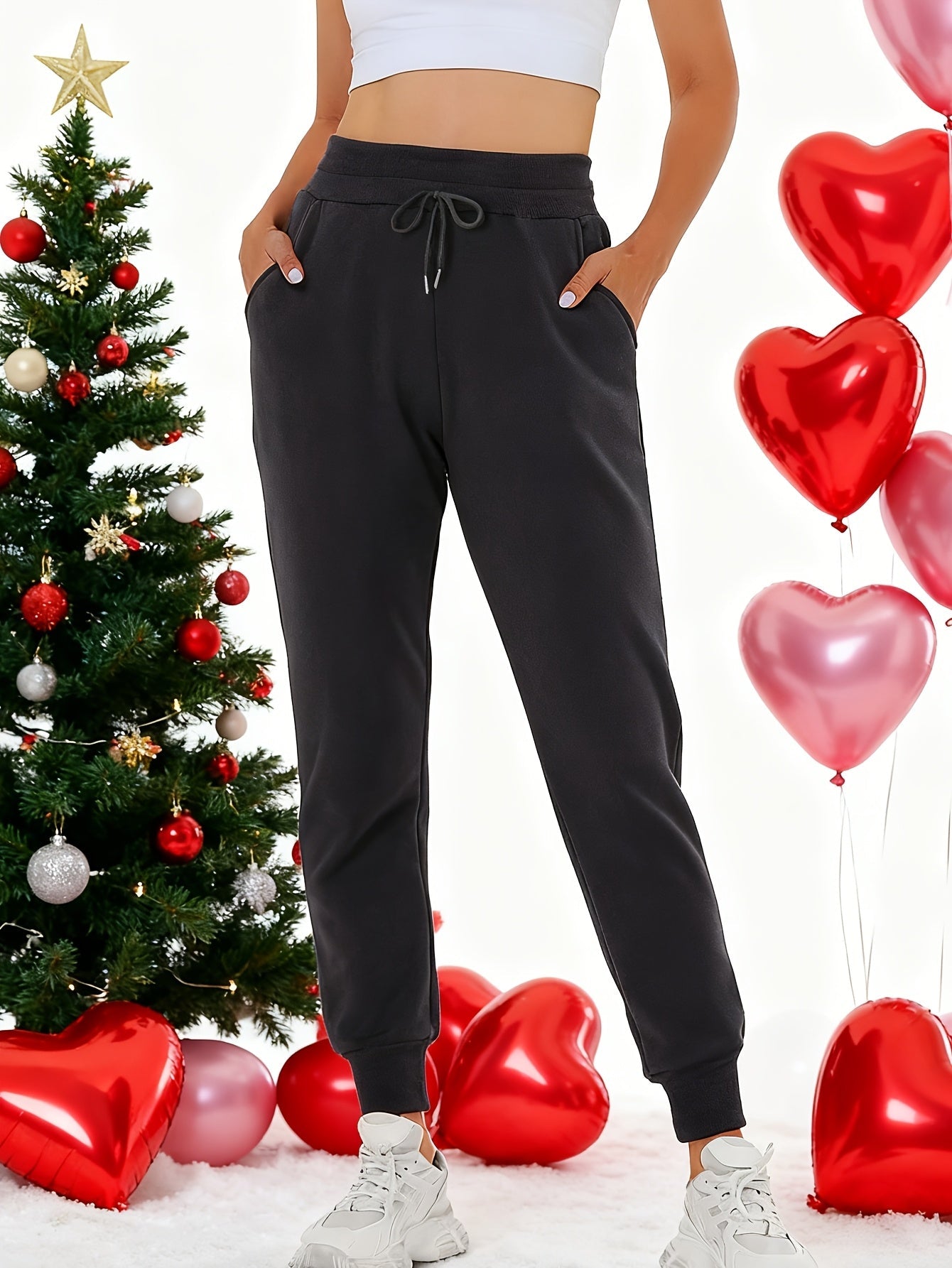 Women's Fleece Sweatpants Jogger Fleece Pants With Drawstring Waist, Boyfriend Style, Long, Solid Color, Slightly Stretchy Fabric 