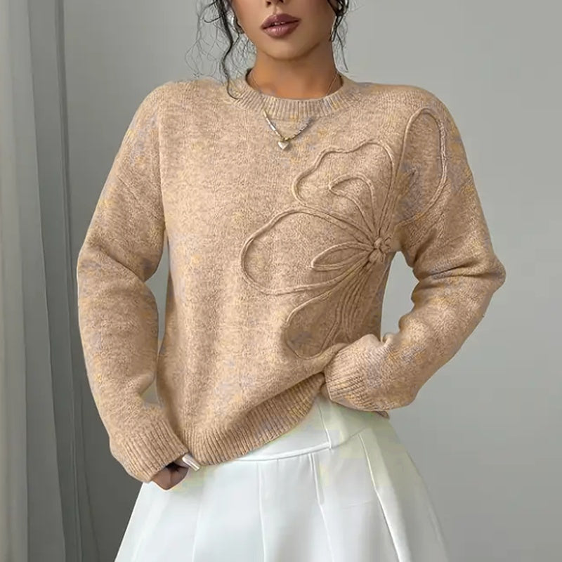 Women's Elegant Floral Sweater - 2025 Fall Winter Crew Neck Long Sleeve Casual Pullover 