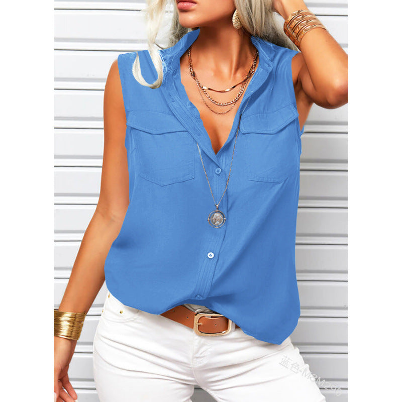 Solid-color Lapel-collar Loose-fit Sleeveless Top With Pockets 