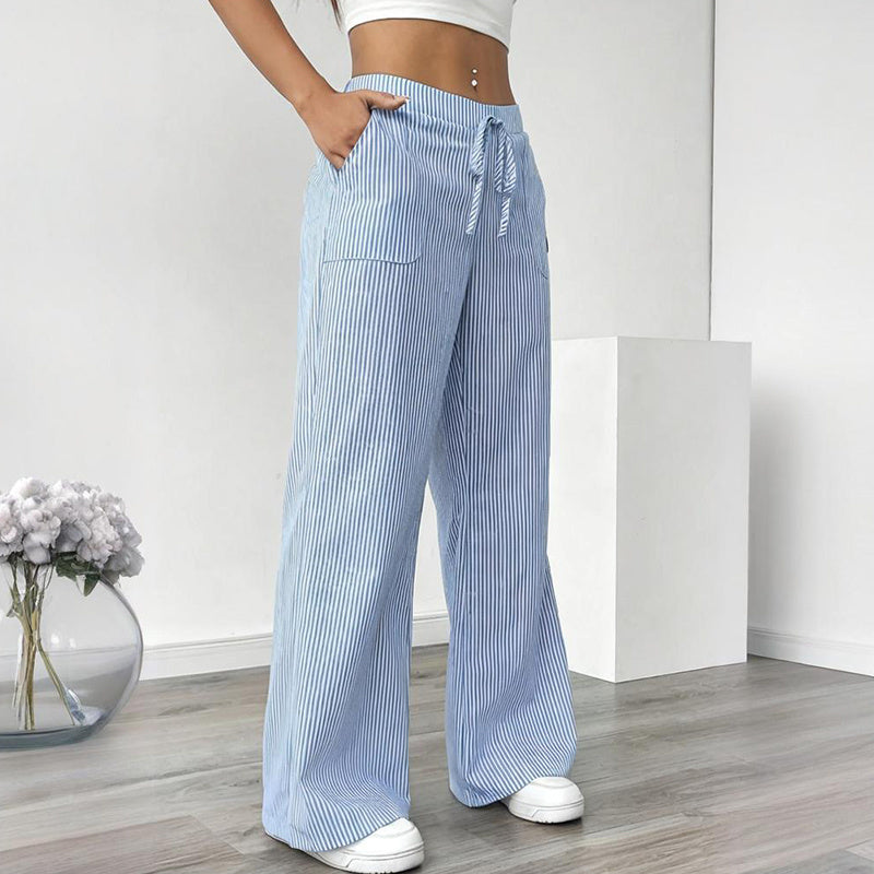 Women's Striped Print Straight Wide Leg Pockets Pants Casual Long Pants CJ US