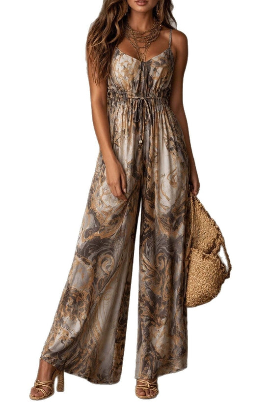 Printed camisole backless loose wide leg jumpsuit