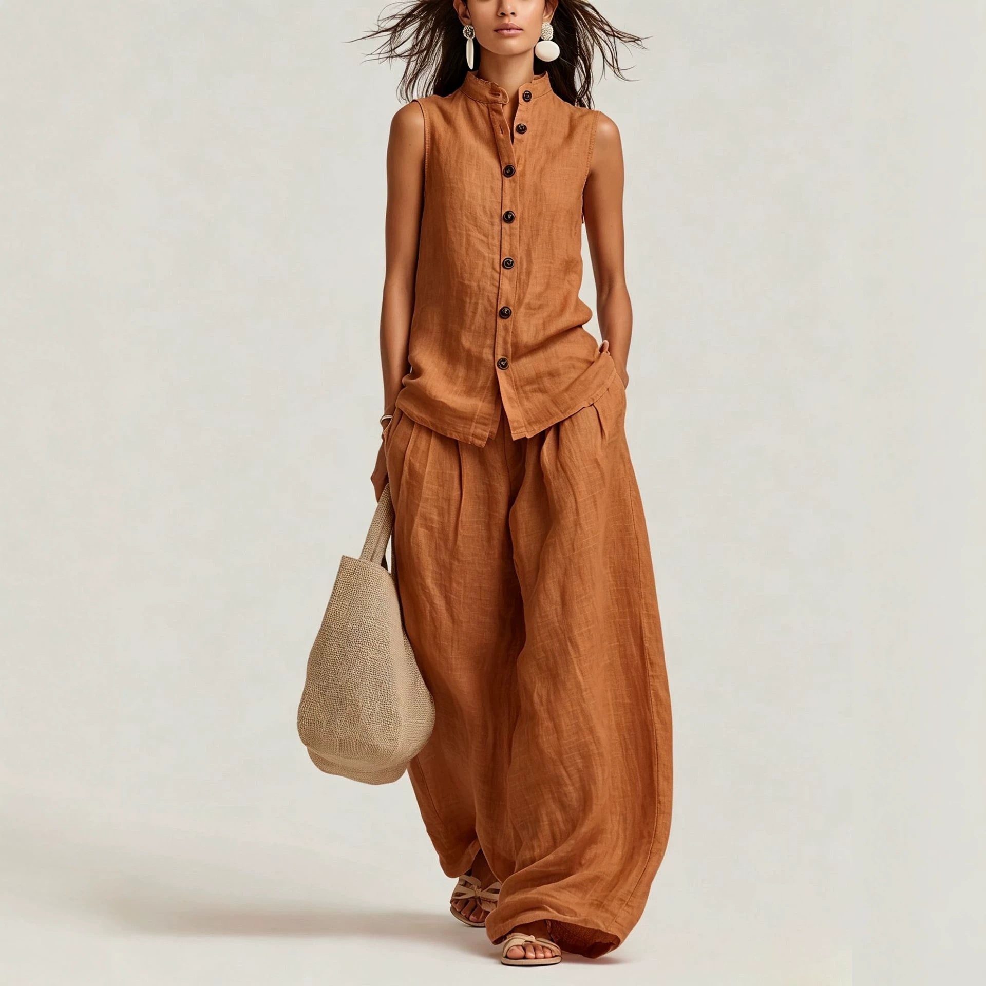 Womens Casual Cotton-Linen Sleeveless Crew-Neck Vest Top And Pants Two-Piece Set 