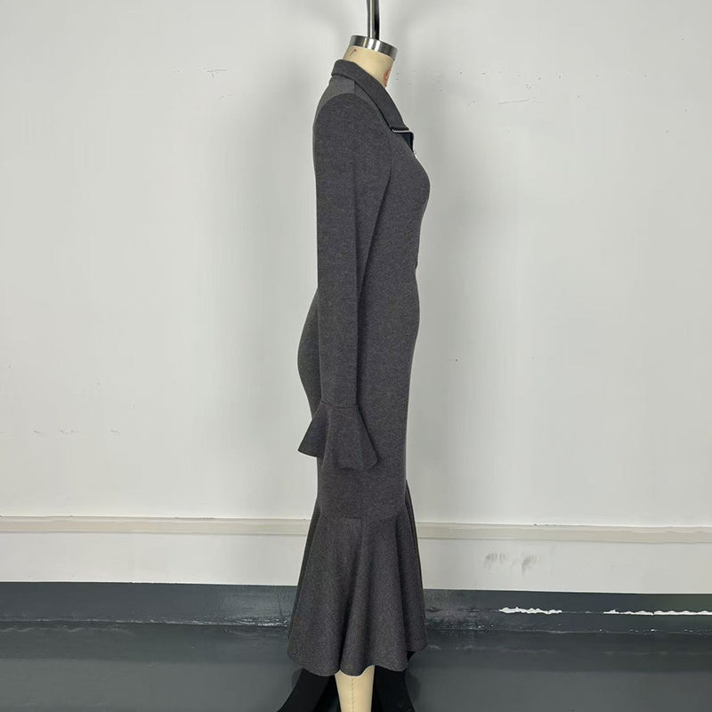 Women's Half Zip Bodycon Dress - Flared Sleeve & Fishtail Hem Long Sleeve Dress 