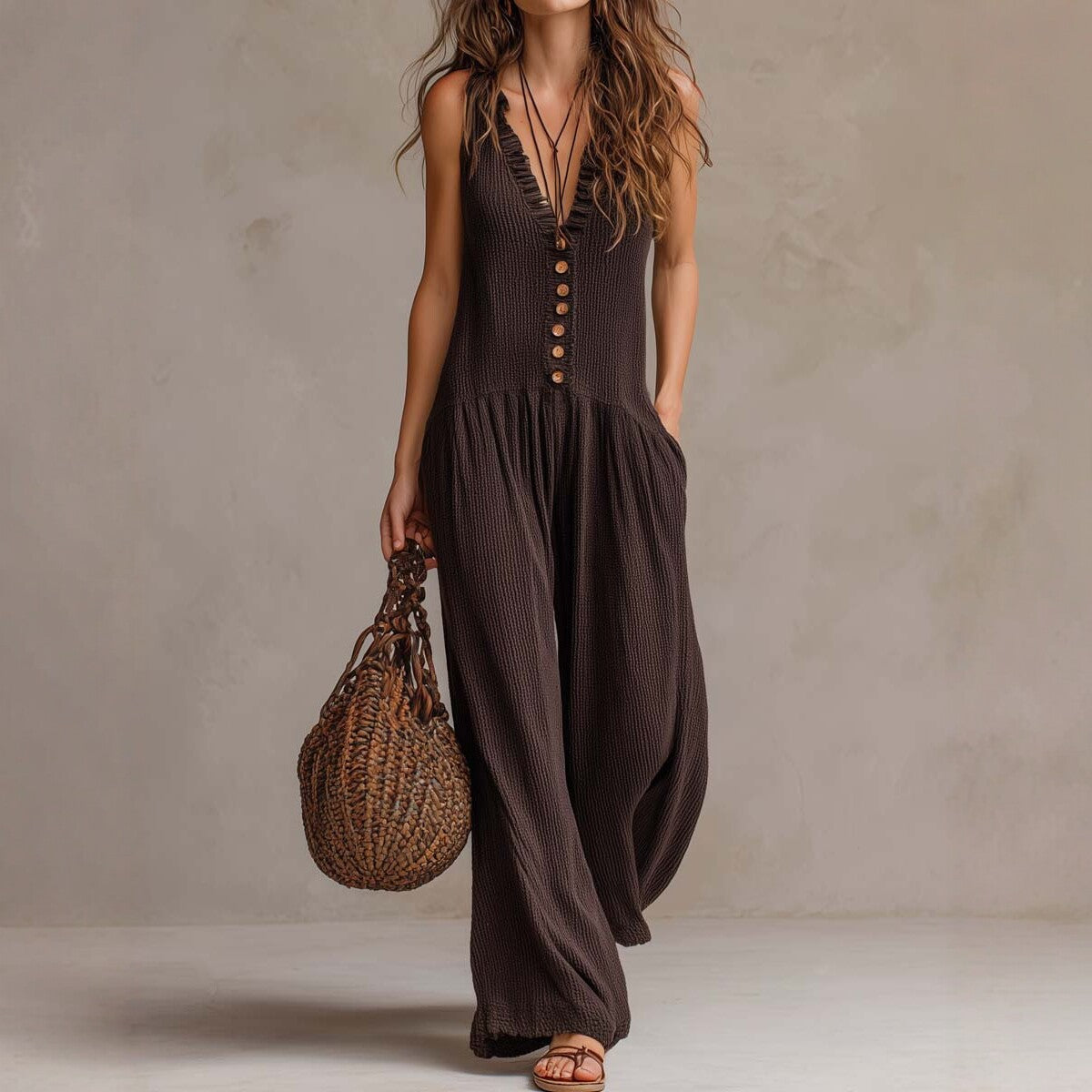 Women's Loose V-Neck Sleeveless Wide-Leg Jumpsuit 