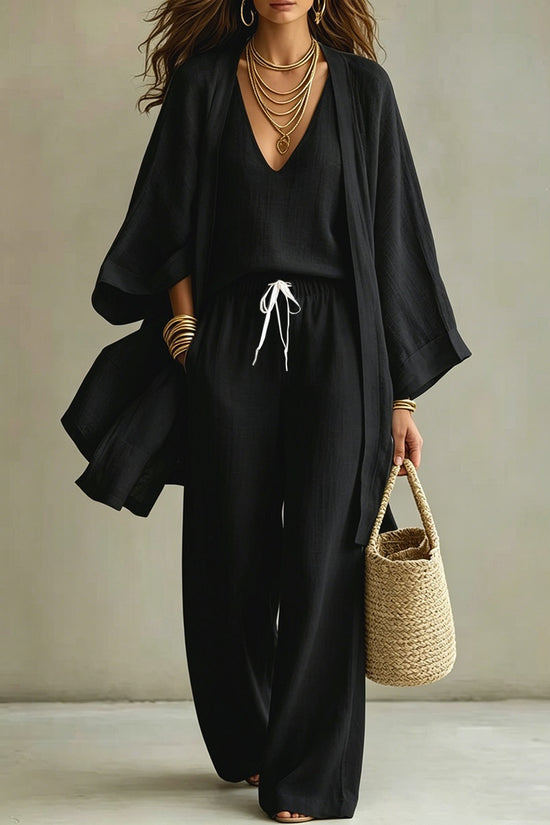 Loose cardigan sleeveless vest long pants three piece set for women