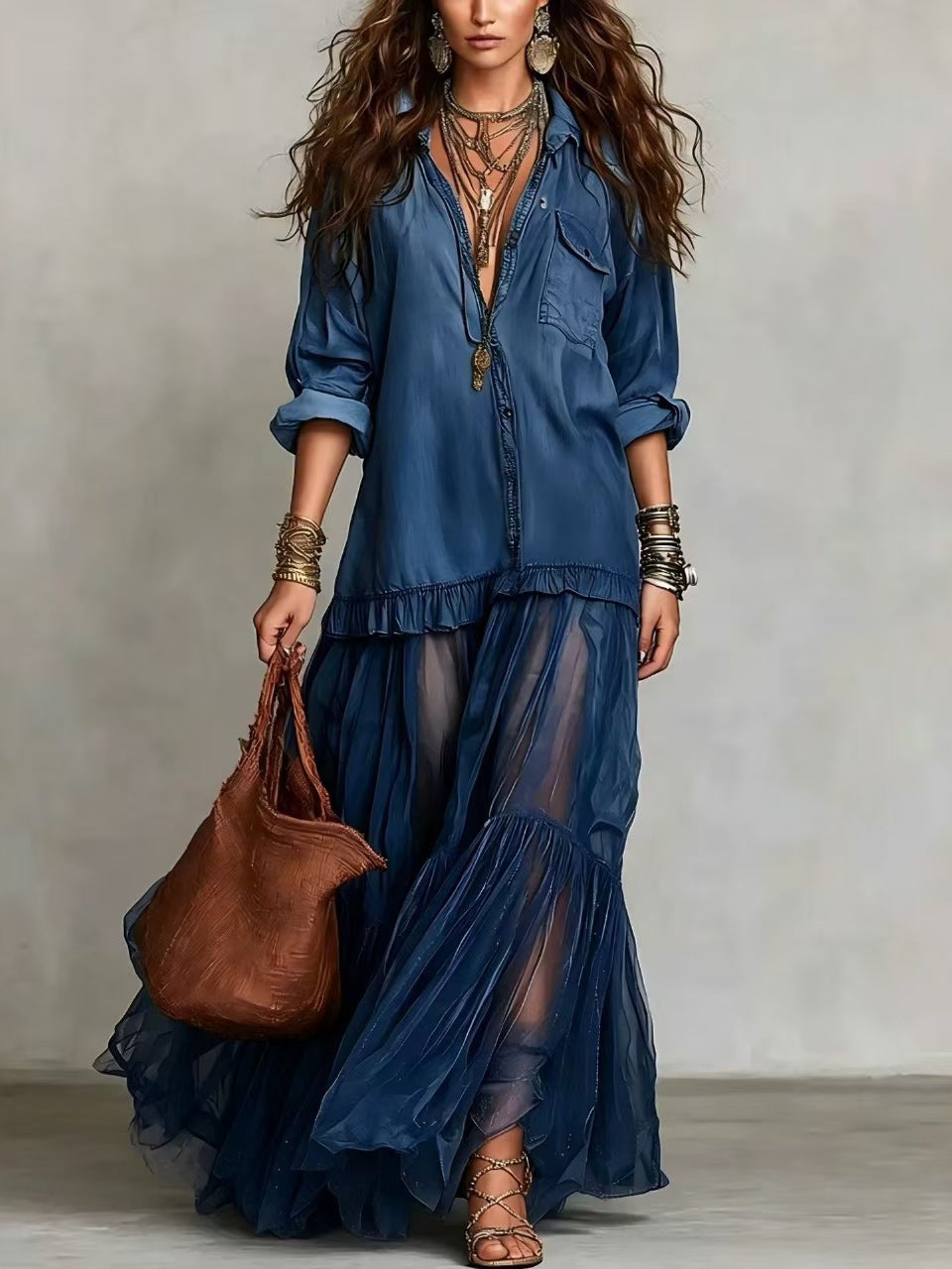 Vintage Denim-like Long Dress Casual Style 