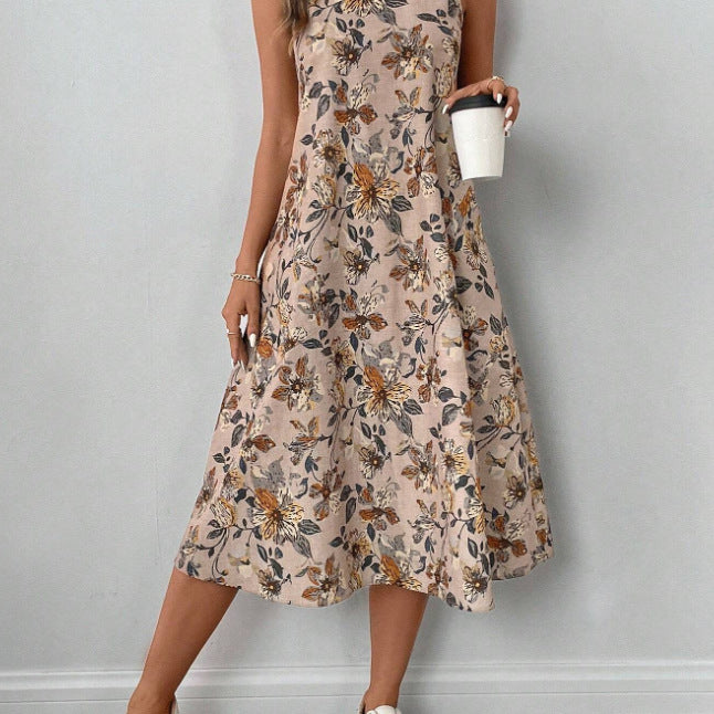 Womens Printed All-Match Sleeveless Pocketed Dress 