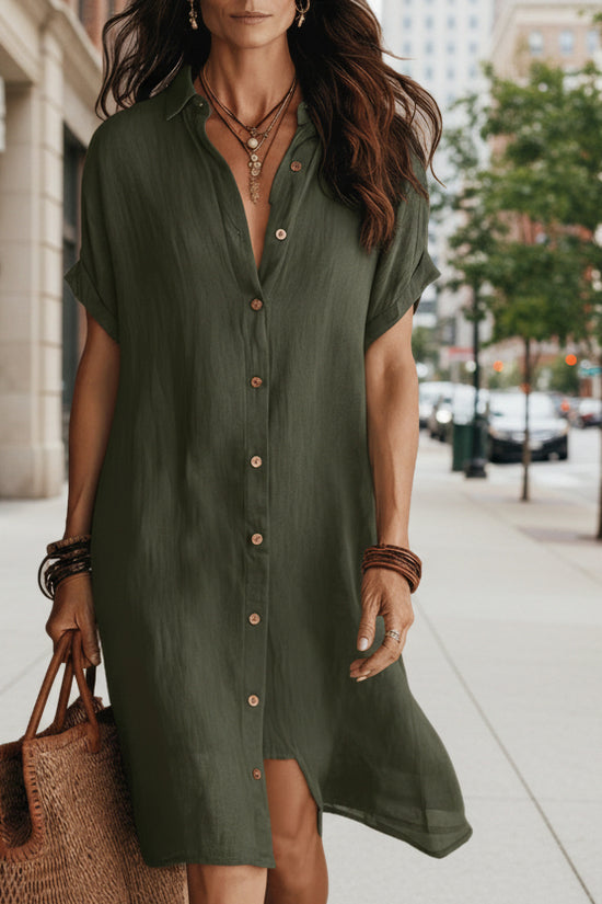 Women's Short-sleeve Buttoned Midi Shirt Dress 