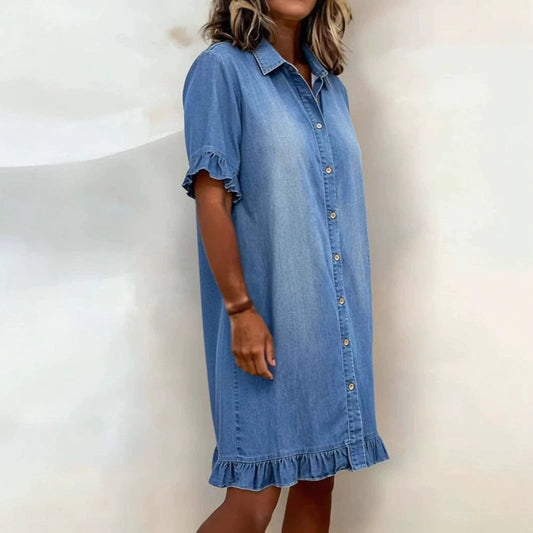Solid-color Faux Denim Ruffled-edge Shirt Dress 