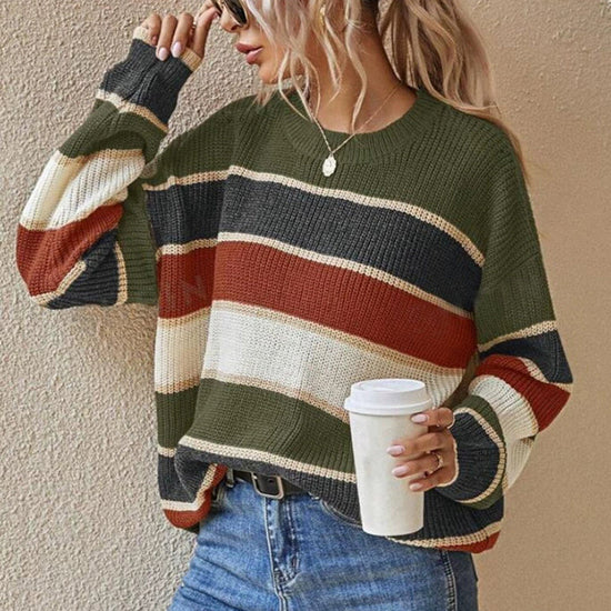 Women's 2025 Striped Color Block Sweater, Cute Crewneck Pullover Top, Fall Winter Fashion Knitwear CJ US