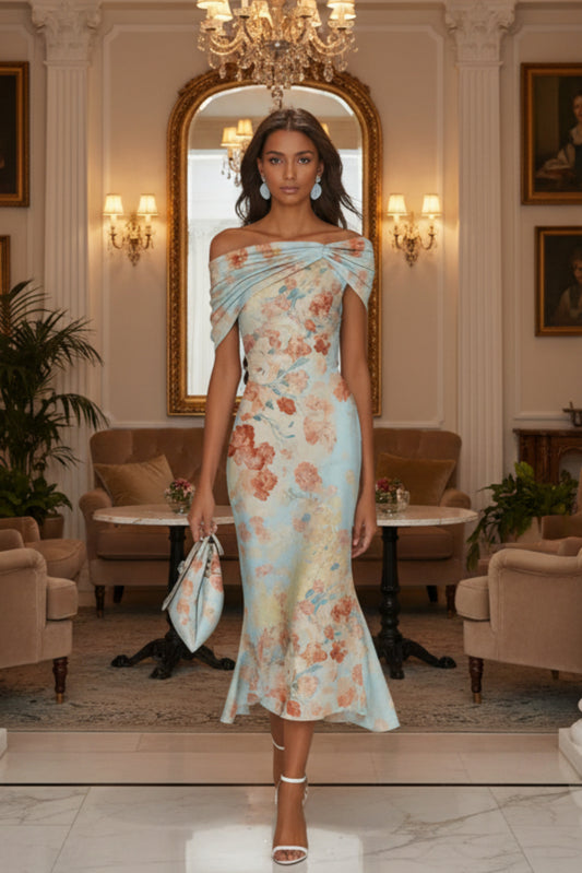 Digital Print Off-Shoulder Short Sleeve Floral Elegant Long Dress 