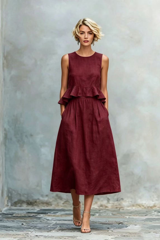 Sleeveless Crew-Neck High-Waisted Ruffle-Trim Resort-Style Dress 