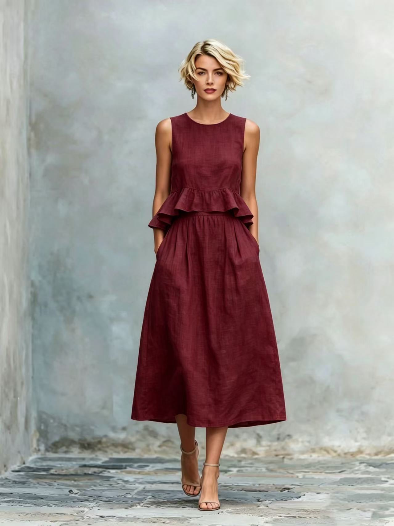Sleeveless Crew-Neck High-Waisted Ruffle-Trim Resort-Style Dress 