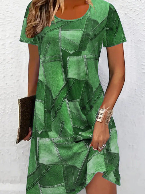 Women's Plus Size Digital Print Denim-Look Short Sleeve Dress 