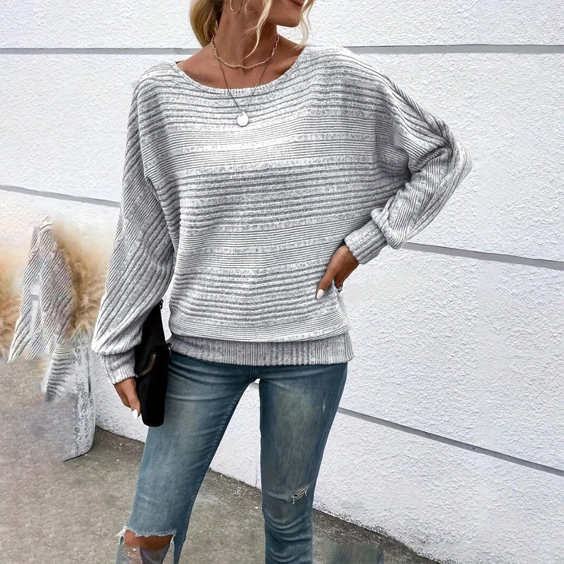 Women's Textured Round Neck Long Sleeve Top - Casual Solid Pullover For Spring & Fall CJ US