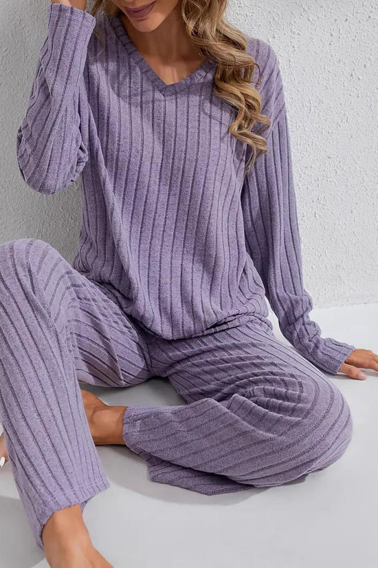 Ribbed Long-Sleeve Top And Pants Casual Comfortable Womens Loungewear Set 